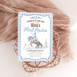First Rodeo 1st Birthday Boy Blue Western Cowboy  Invitation