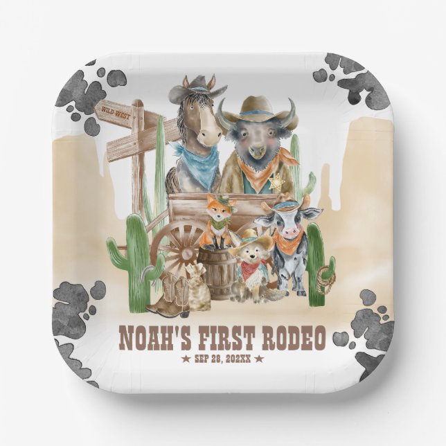 First Rodeo 1st Birthday Cute Animals Wild West Paper Plates (Front)