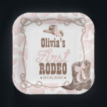 First Rodeo 1st Birthday Dusty Pink Paper Plates<br><div class="desc">Make your little cowgirl's first birthday unforgettable with our 'First Rodeo Girl First Birthday Guest Suite'! Thoughtfully designed, it showcases a vibrant watercolor illustration of a charming cowgirl hat and boots against a pink cow pattern. CUSTOMIZATION: If you need design customization, please get in touch with me via chat. If...</div>