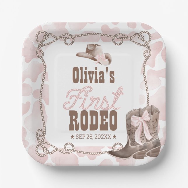 First Rodeo 1st Birthday Dusty Pink Paper Plates (Front)