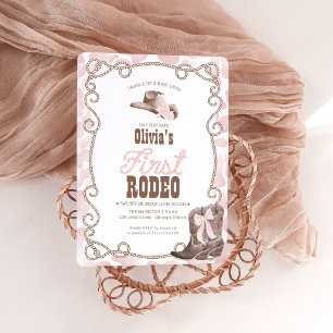 First Rodeo 1st Birthday Girl Dusty Pink Cow Print Invitation