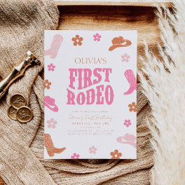 First Rodeo 1st Birthday Invitation Retro Cowgirl