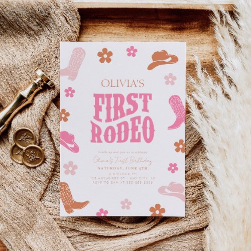 First Rodeo 1st Birthday Invitation Retro Cowgirl 