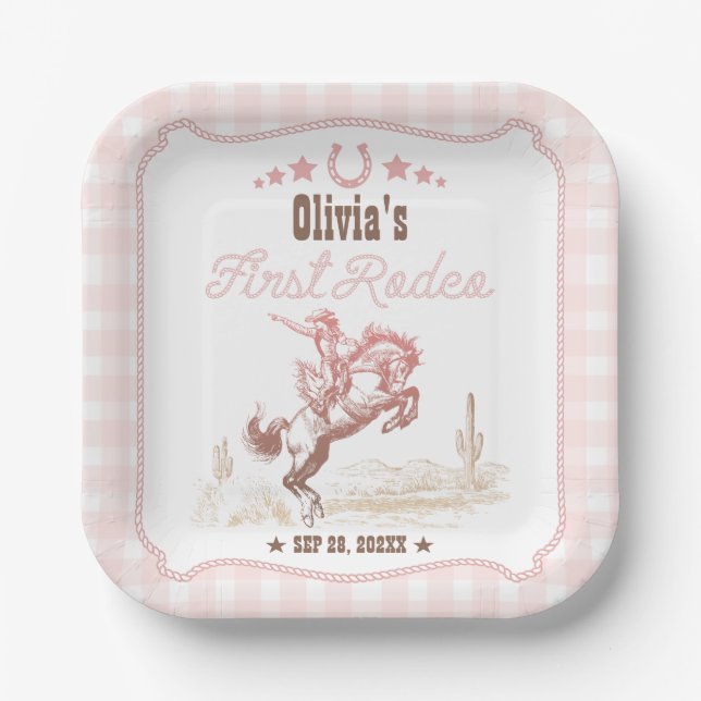 First Rodeo 1st Birthday Pink Western Paper Plates (Front)