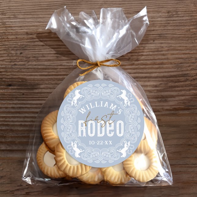 First Rodeo 1st Birthday Sticker – Light Blue West (Birthday Favor Sticker)