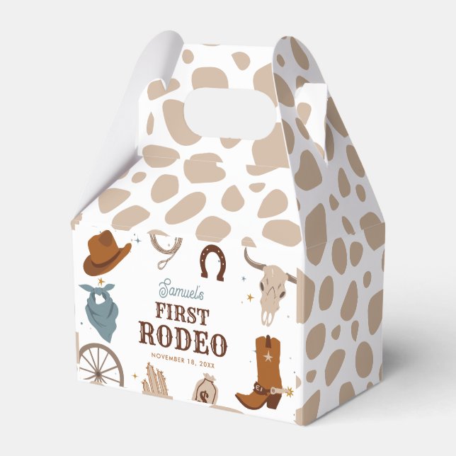 First Rodeo Beige Wild West Boy First Birthday Favor Boxes (Front Side)