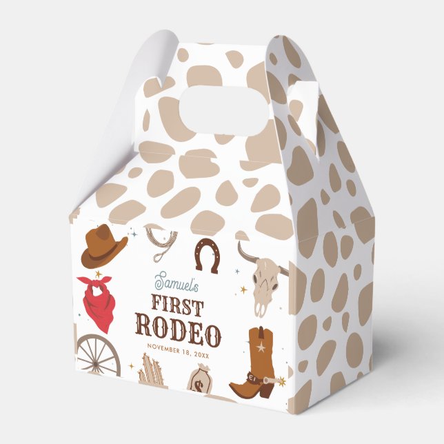 First Rodeo Beige Wild Wild West Boy 1st Birthday Favor Boxes (Front Side)