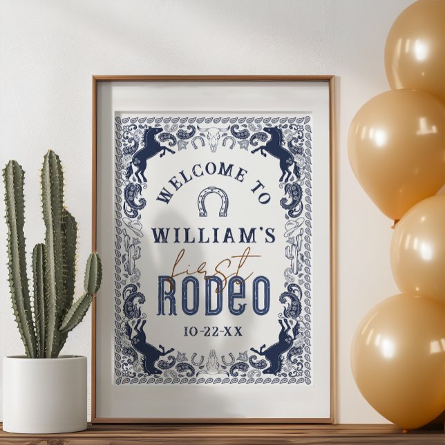 First Rodeo Birthday Party Welcome Navy Blue Sign (Western Birthday Party Welcome Sign)