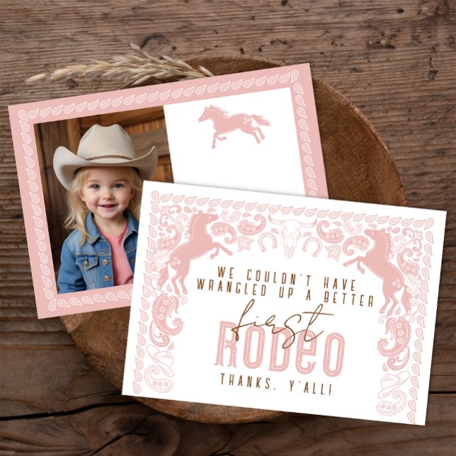 First Rodeo Birthday Thank You Card – Western Cowb (Pink 1st Rodeo Birthday Thank You Card)