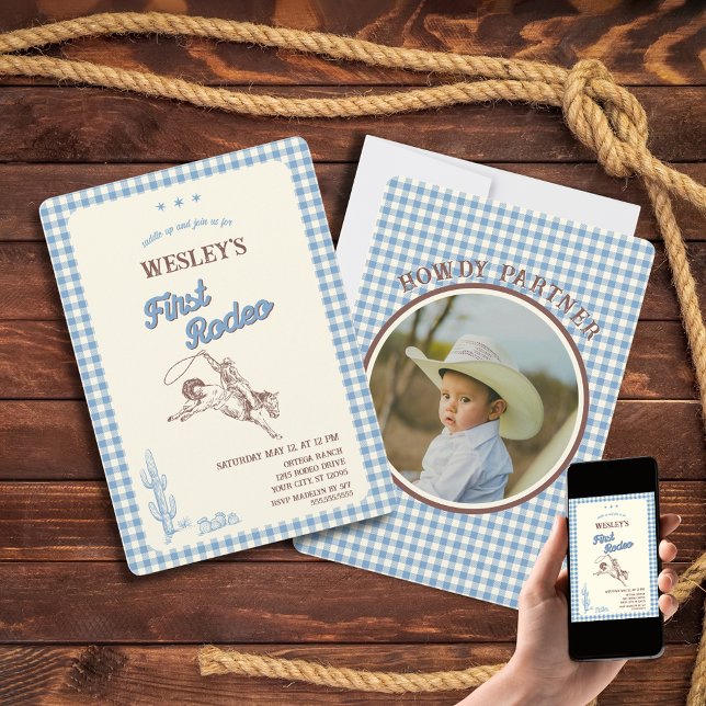 First Rodeo Blue Plaid First Birthday Invitation (First Rodeo Blue Plaid First Birthday Invitation
)
