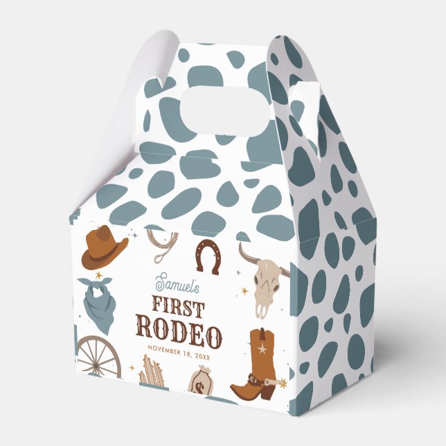 First Rodeo Blue Wild West Boy First Birthday Favor Boxes (Front Side)