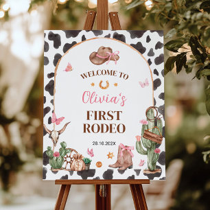 First Rodeo Bow Pink Cowgirl Birthday Welcome Sign