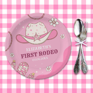 First Rodeo Celebration Girl Pink and White Paper Plates