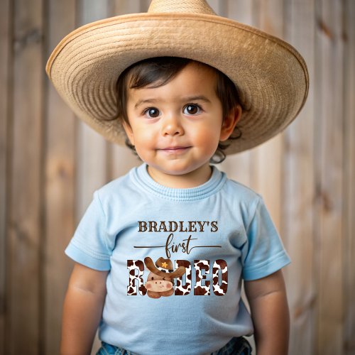 First rodeo cow pattern cute baby horse in a hat baby T_Shirt