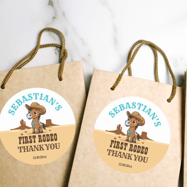 First Rodeo cowboy baby horse birthday party favor Classic Round Sticker (First rodeo thank you favor gift stickers cute little cowboy horse with a hat western themed party)
