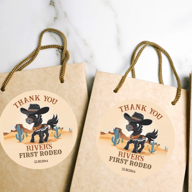 First Rodeo cowboy baby horse birthday party favor Classic Round Sticker (First rodeo birthday party thank you favor stickers cute cowboy horse stickers favor gift stickers)