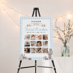 First Rodeo Cowboy Baby Milestone Blue Gingham Foam Board