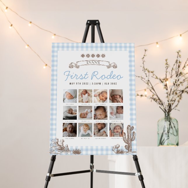 First Rodeo Cowboy Baby Milestone Blue Gingham  Foam Board (In Situ (Stand))