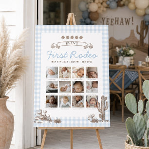 First Rodeo Cowboy Baby Milestone Blue Gingham Foam Board