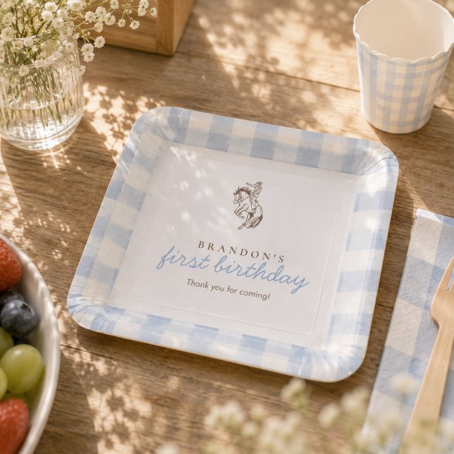 First Rodeo Cowboy Birthday Blue Gingham  Paper Plates (Creator Uploaded)