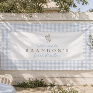 First Rodeo Cowboy Birthday Blue Gingham Preppy Banner