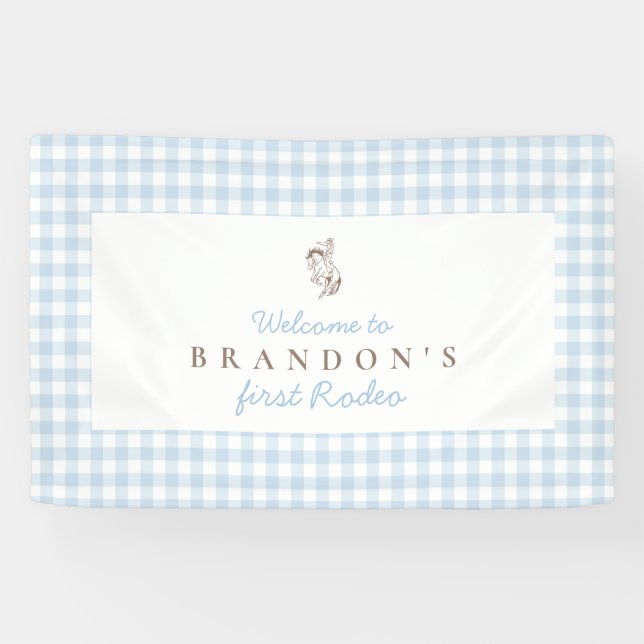 First Rodeo Cowboy Birthday Blue Gingham Preppy  Banner (Horizontal)