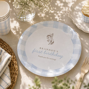First Rodeo Cowboy Birthday Blue Gingham Preppy Paper Plates