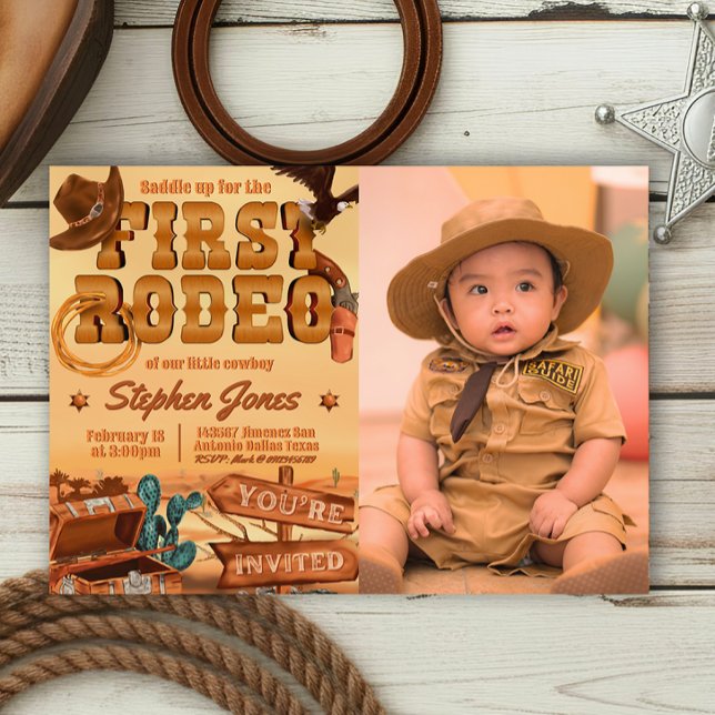 First Rodeo - Cowboy Birthday with Picture Invitation (First Rodeo -  Boy 1st Birthday Cowboy Landscape Invitation with Picture)