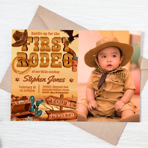 First Rodeo _ Cowboy Birthday with Picture Invitation
