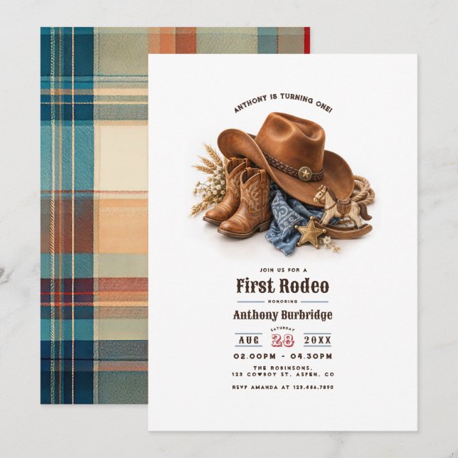First Rodeo Cowboy Boots Hat Western 1st Birthday  Invitation (Front/Back)
