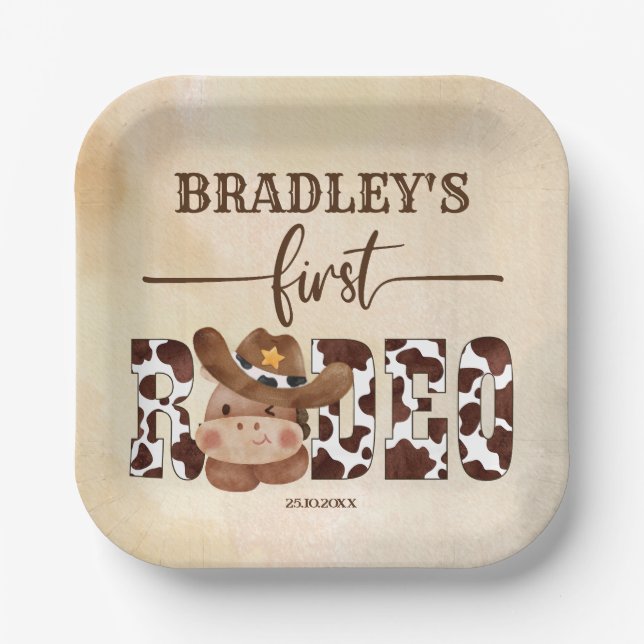 First rodeo cowboy cute horse birthday tableware paper plates (Front)