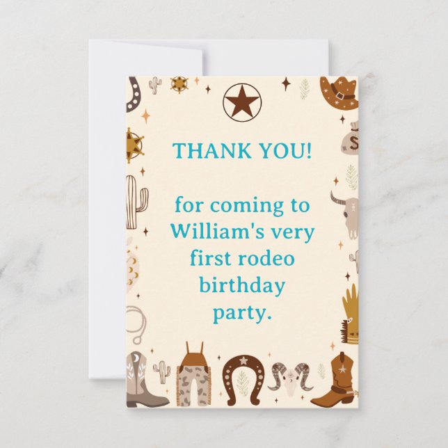 First Rodeo Cowboy First Birthday Thank You Card (Front)