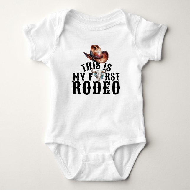 First Rodeo Cowboy Hat Cow Skull Baby Bodysuit (Front)