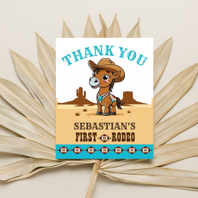 First Rodeo cowboy horse birthday thank you card (First rodeo birthday party thank you card cute baby horse cowboy Arizona landscape thank you card)