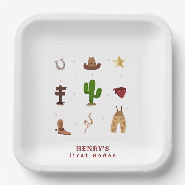 First Rodeo Cowboy Kids birthday Invitation Paper Plates (Front)