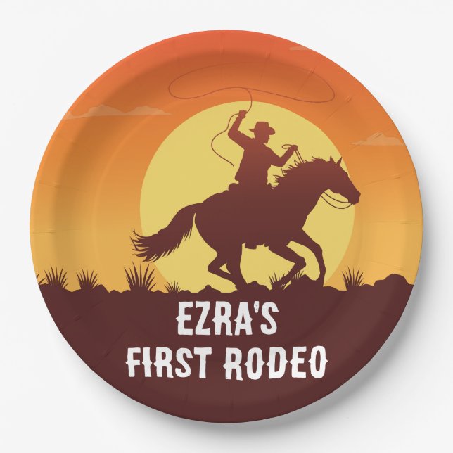 First Rodeo Cowboy Sunset Birthday Paper Plates (Front)