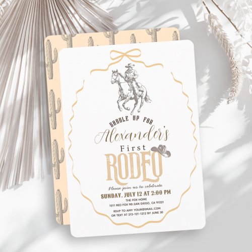 First Rodeo Cowboy Western Beige Bow 1st Birthday Invitation