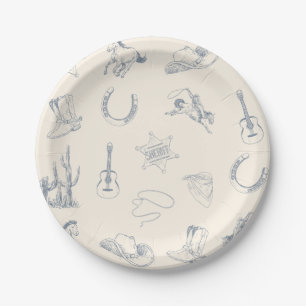 First Rodeo Cowboy Western Birthday Blue Neutral Paper Plates