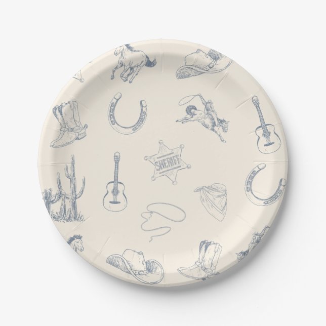 First Rodeo Cowboy Western Birthday Blue Neutral Paper Plates (Front)