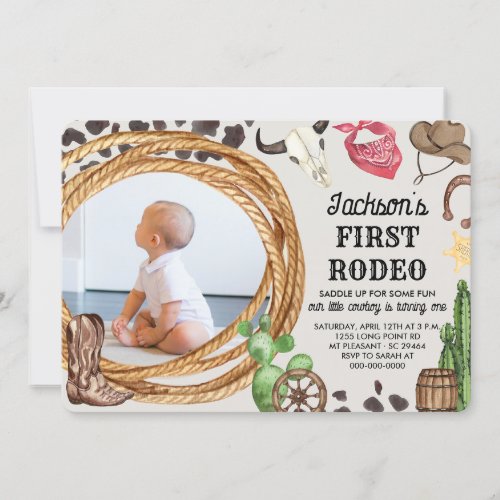 First Rodeo Cowboy Western Birthday Party Photo Invitation