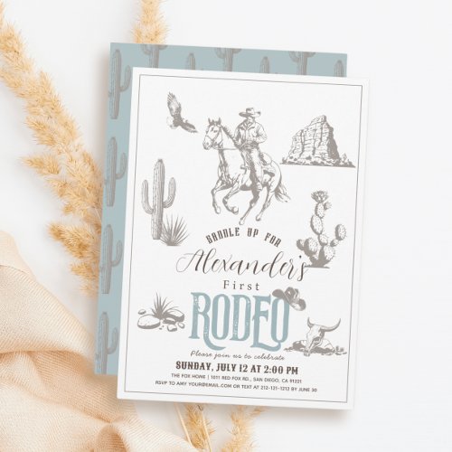 First Rodeo Cowboy Western Blue 1st Birthday Invitation