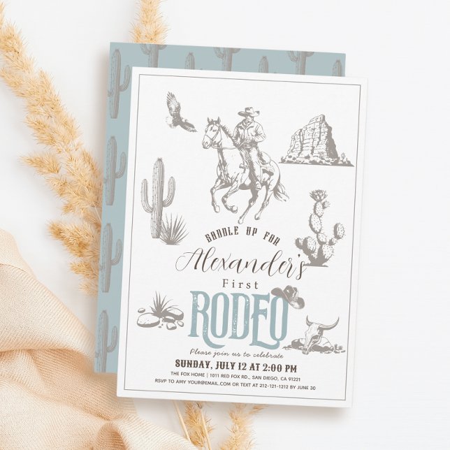 First Rodeo Cowboy Western Blue 1st Birthday Invitation (Creator Uploaded)