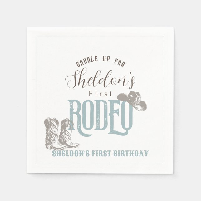 First Rodeo Cowboy Western Blue 1st Birthday Napkins (Front)