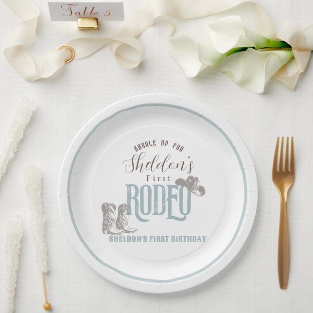 First Rodeo Cowboy Western Blue 1st Birthday Paper Plates (Wedding)