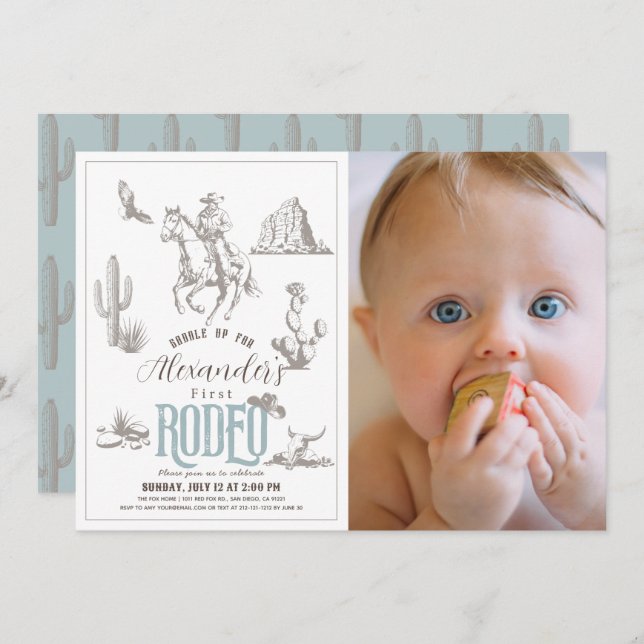 First Rodeo Cowboy Western Blue 1st Birthday Photo Invitation (Front/Back)