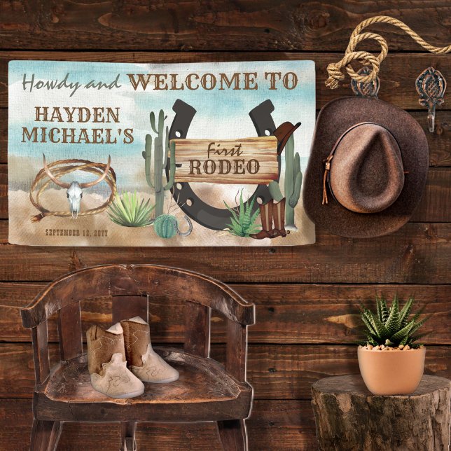 First Rodeo Cowboy Western Boy 1st Birthday Party Banner (Creator Uploaded)