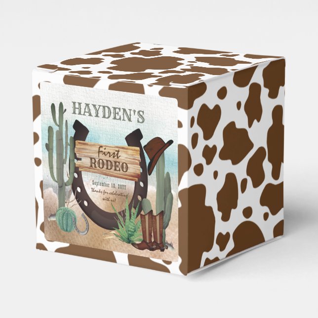 First Rodeo Cowboy Western Boy 1st Birthday Party Favor Boxes (Front Side)