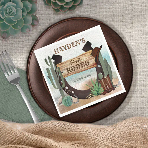 First Rodeo Cowboy Western Boy 1st Birthday Party Napkins
