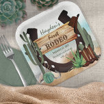 First Rodeo Cowboy Western Boy 1st Birthday Party Paper Plates<br><div class="desc">It's your little one's "First Rodeo" and we know you are so excited! Celebrate the little cowboy in rustic western cow poke style with this boy 1st Birthday Party design. Features a watercolor sand base with assorted cacti, a horseshoe, boots and cowboy hat along with a rustic wooden sign "First...</div>