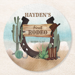 First Rodeo Cowboy Western Boy 1st Birthday Party Round Paper Coaster